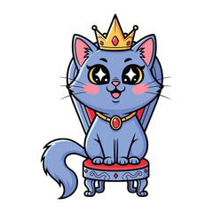 Cute Cat Queen: A regal cartoon cat, adorned with a golden crown and elegant necklace, sits majestically on a royal throne, embodying feline royalty and charm.