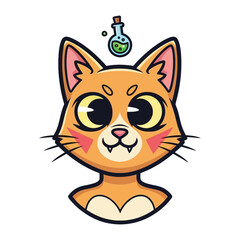 Whimsical Potion Cat: A playful cartoon illustration features a charming cat with an inquisitive expression, adorned with a bubbling potion above its head.