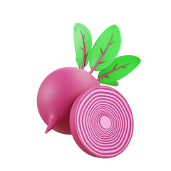 3D illustration of beetroot vegetable with green leaves and sliced half showing circular rings pattern, isolated on white background, organic food.