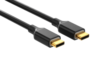 A product photo of a black HDMI cable with gold-plated connectors against on a transparent background.
