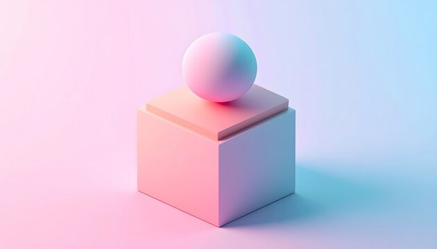 A 3D rendered illustration of three geometric solids cube, sphere, pyramid carefully stacked in a balanced composition with pastel colors and soft lighting