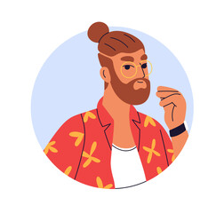 Man, face portrait in circle. Bearded male in glasses, young modern person with bellissimo hand sign gesture, round avatar. Hipster with hair bun. Flat vector illustration isolated on white background