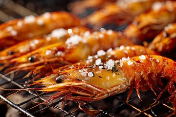 Grilled shrimp with coarse salt on a wire rack