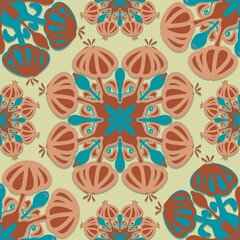 seamless pattern with flowers,blue, brown curves,painted create to flower shape,leaves with yellow background in geometric patterns as sarong,fabric,tile,printed fabric,batik,tablecloth patterns.