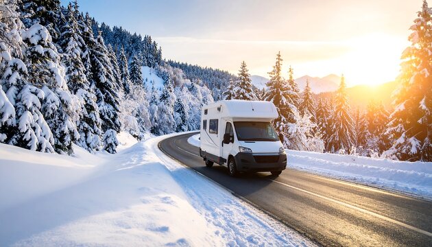 White camper van on a snowy mountain road at sunset - Powered by Adobe