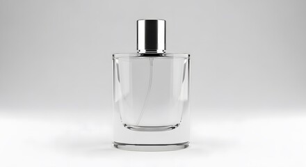 Elegant Clear Glass Perfume Bottle with Silver Cap on a White Background.