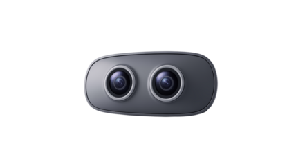 A product photo of a dual-lens car dashboard camera in matte black against on a transparent background. 