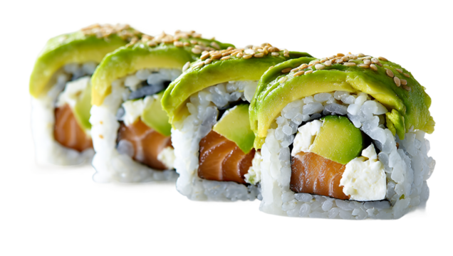 Delicious sushi roll with avocado and salmon isolated on transparent background isolated on a transparent background
