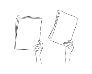 Black line drawing of a woman's hand holding a paper.