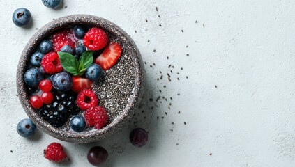Bowl of chia seed pudding topped with mixed berries