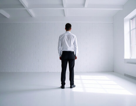 Hombre de espaldas en habitaci&oacute;n blanca iluminada por ventana met&aacute;fora de exclusi&oacute;n social y aislamiento urbano reflejando soledad marginaci&oacute;n y la vulnerabilidad de personas en soledad