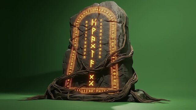 Ancient Rune Stone with Entangled Roots and Glowing Runes