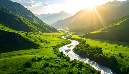 Sunlit Green Mountain Valley with Winding River and Majestic Peaks