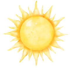 Sun. Watercolor Dijital Illustration. Funny children's sun with rays is isolated on a white background. For printing on textiles, for children's design and weather forecast