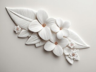 White sculpted flowers and leaves on light background