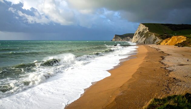 Dramatic coastal scene of waves crashing onto a sandy beach, beneath a stormy sky and alongside a rugged cliff face.