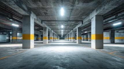 Beautiful photo of empty Underground Parking Garage with Bright Lighting and Concrete Structure.