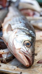 Close-up of fresh fish, likely a type of sea bass or trout