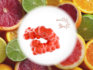 Hesperidin molecules (surface and stick style).  Hesperidin is a potent anti-inflammatory and antioxidant compound.