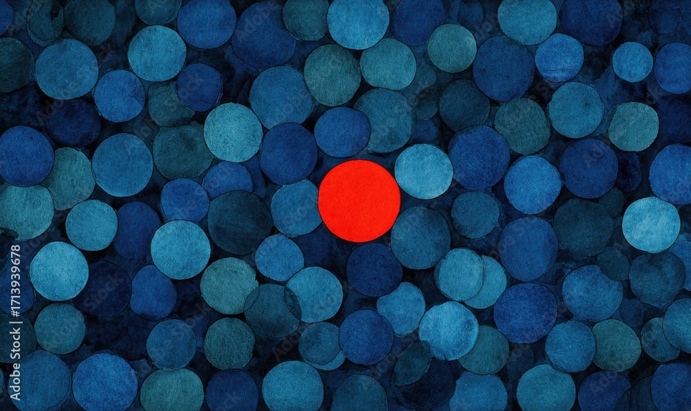 Poster abstract background of overlapping circles in shades of blue, with a single red circle in the center