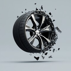Cracked Wheel's End: A car wheel disintegrates mid-air, its shattered fragments suspended against a soft-toned backdrop, showcasing a dynamic display of automotive fragility.