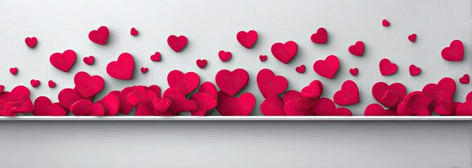 A horizontal row of many 3D pink hearts against a white background