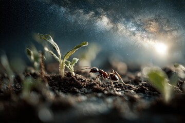 Tiny Ant, Majestic Dawn, Emerging Life - Macro View of Natures Struggle.
