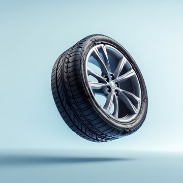 Automotive Tire in Dynamic Suspension: A single, isolated automotive tire, showcasing its intricate tread pattern and metallic rim, floats mid-air with elegant poise, suggesting a realm of speed.