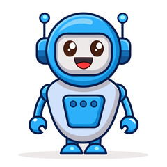 Cute blue robot with big eyes and happy smile A cute robot character surrounded by icons representing technology, data, and growth, set against a purple background.
