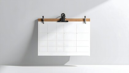 A clean studio photo of a hanging wall calendar with a blank white sheet. It features a wooden hanger and a subtle rope against a light wall