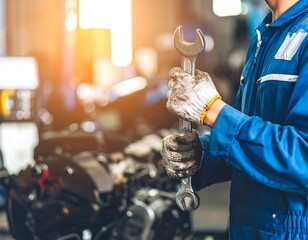 Mechanic holding wrench in a garage