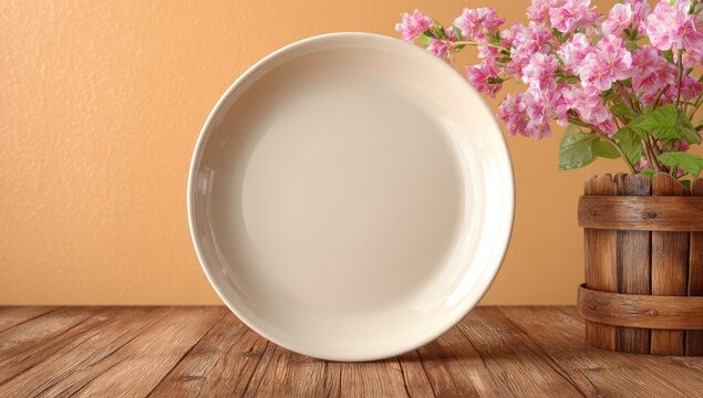 Empty light beige plate on a wooden table, peach background, with pink flowers - Powered by Adobe