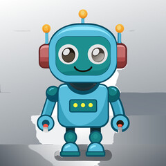 Friendly blue cartoon robot with big eyes and antennas A cute blue robot surrounded by icons representing data charts, graphs, coins, and a checkmark, symbolizing analytics and success.
