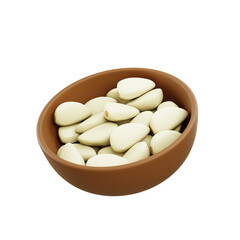 3d illustration brown bowl full of garlic cloves, organic fresh vegetable ingredient for cooking, seasoning, nutrition, farming, kitchen, and healthy food.
