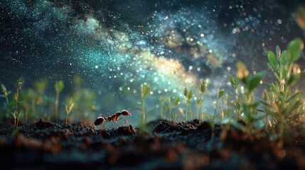 Tiny Red Creature Amidst Green Sprouts Under a Shimmering Cosmic Sky.