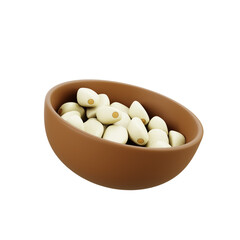 3d illustration wooden bowl filled with garlic cloves, organic vegetable spice for cooking, seasoning, farm, nutrition, kitchen food, and healthy lifestyle.
