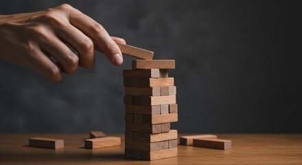 A close-up of a hand stacking wooden blocks in a game of strategy and skill.