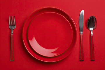 Fototapeta premium Red table setting plate fork knife spoon Utensils arranged on matching surface