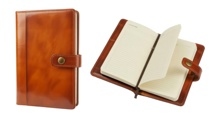 A product photo of a high-quality leather planner in cognac brown color, shown in two views. Isolated on a transparent background (2)