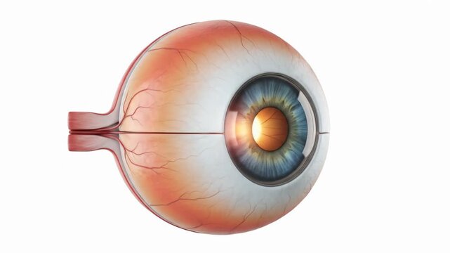 Detailed 3D rendering showcases the intricate anatomy of a human eye, illustrating cornea, iris, lens and retina with light passing through, medical animation.