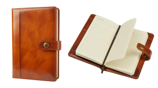 A product photo of a high-quality leather planner in cognac brown color, shown in two views. Isolated on a transparent background (2)