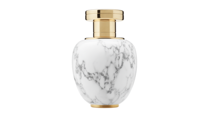 A product photo of a luxury perfume bottle with a white marble-textured body and gold accents. Isolated on a transparent background.