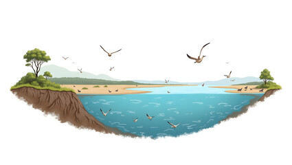 Ecology A section of river estuary with mudflats and wading birds, scene isolated on a white background, for estuarine ecosystem visuals, biodiversity(4)