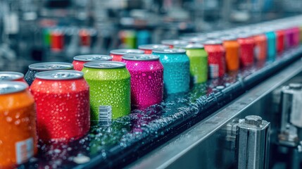 Beautiful photo of rows of colorful beverage cans move along conveyor belt in factory. Sparkling drinks in vibrant shades like green, orange, red, pink, blue seen with frothy.