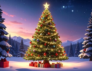 Christmas tree in snowy landscape at twilight