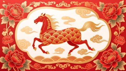 Obraz premium 赤い馬と牡丹の装飾的な中国風イラスト