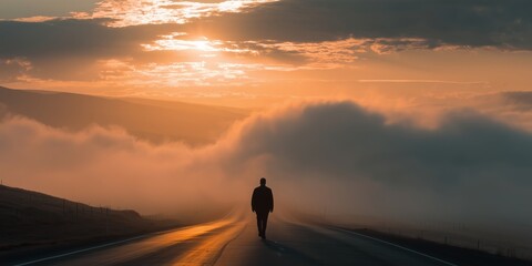 Obraz premium Man walking towards God on a foggy road at sunset surrounded by clouds