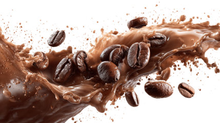 Flying whirl roasted coffee beans in the air studio shot with transparent background png