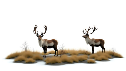 Obraz premium Ecology A tundra habitat with caribou and arctic moss, scene isolated on a white background, ideal for cold ecosystem education, biodiversity visuals(2)