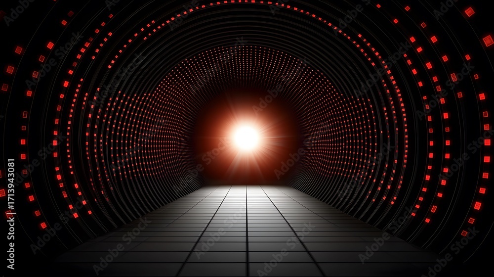 Poster the image displays a dark tunnel structure illuminated by red lights framing its circular shape, lea